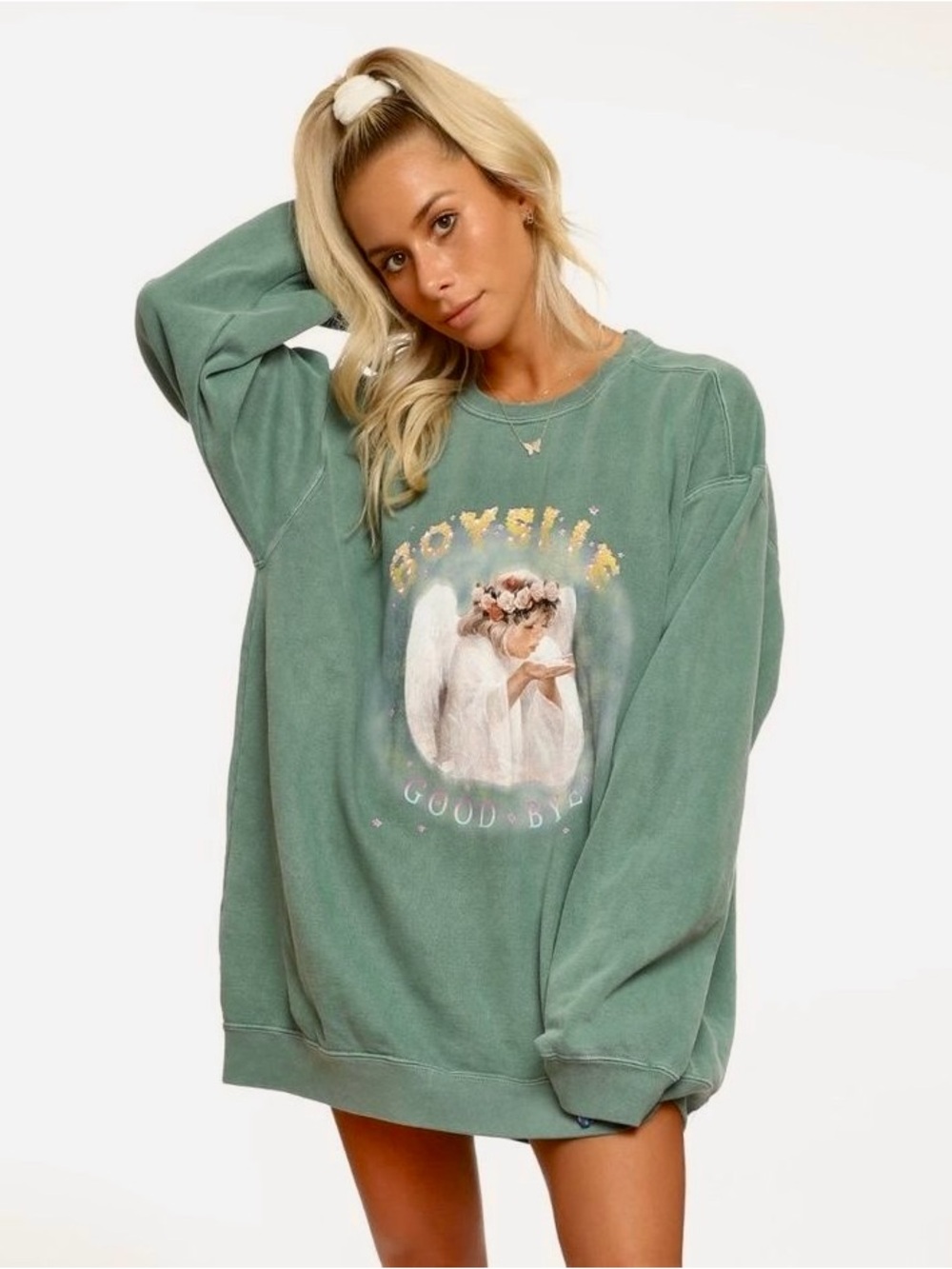 Boys Lie Goodbye Angel Graphic Oversized Sweatshirt | Sage Green | One Size